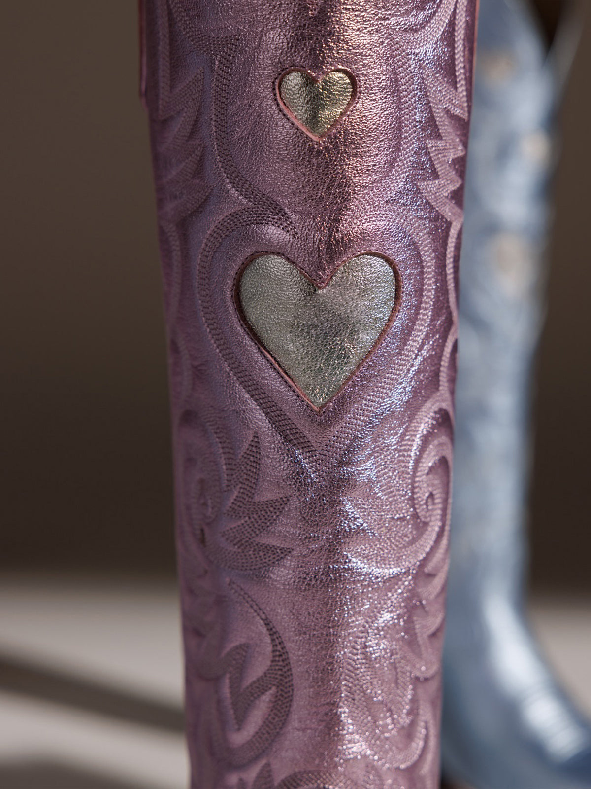 Metallic Pink Round-Toe Chic Hearts Inlay Wide Calf Knee High Cowgirl Boots