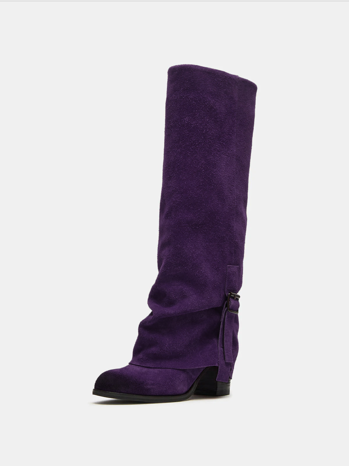 Purple Faux Suede Round-Toe Fold-Over Adjustable Buckle Knee High Cowgirl Boots