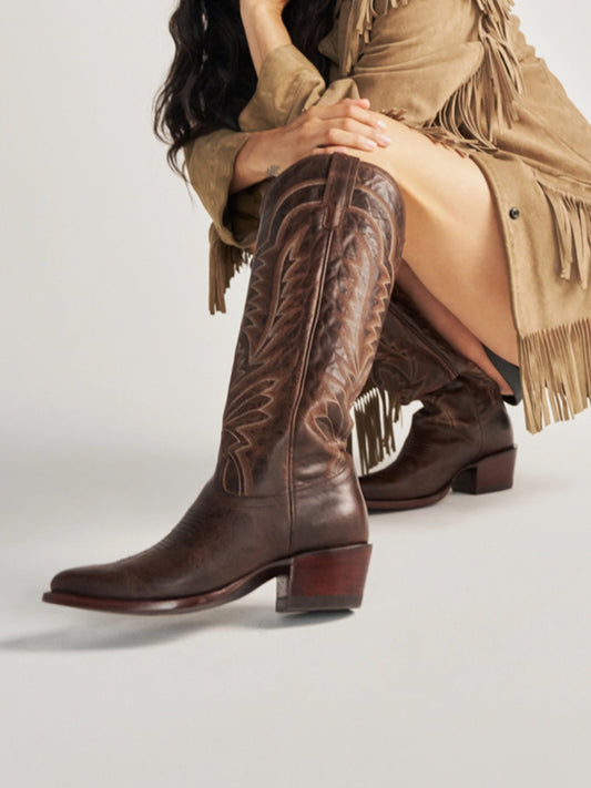 Western Embroidery Almond-Toe Tall Knee High Cowgirl Boots - Mocha