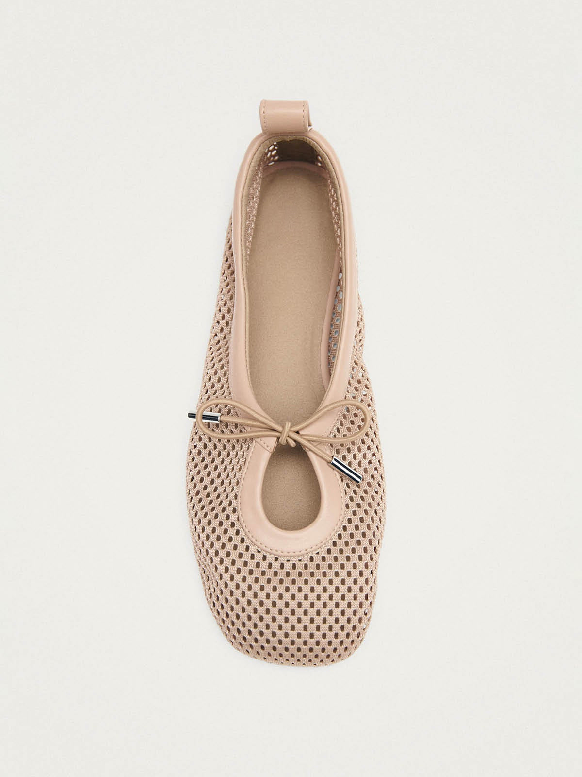 Bone Mesh And Vegan Leather Square-Toe Middle Bow Ballet Flats