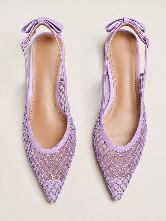 Lilac Mesh Pointed-Toe Slingback Back Bow Flats