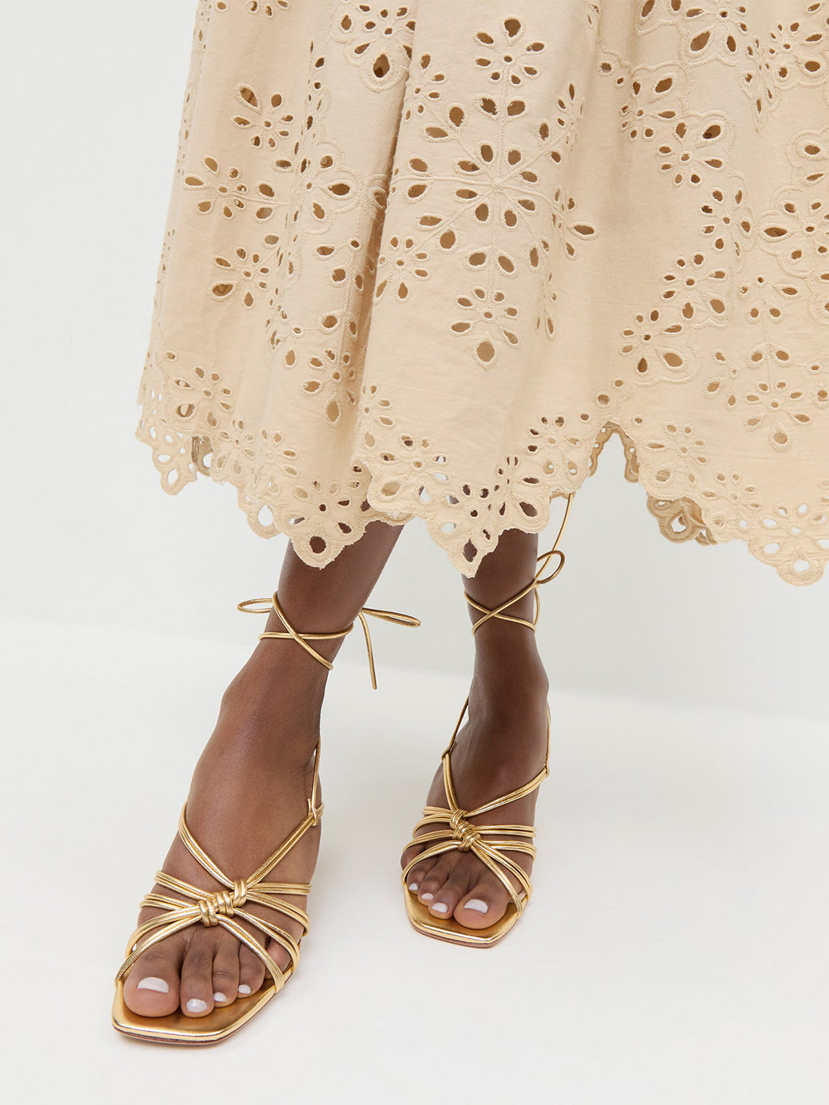 Metallic Gold Square-Toe Lace-Up Kitten Heels