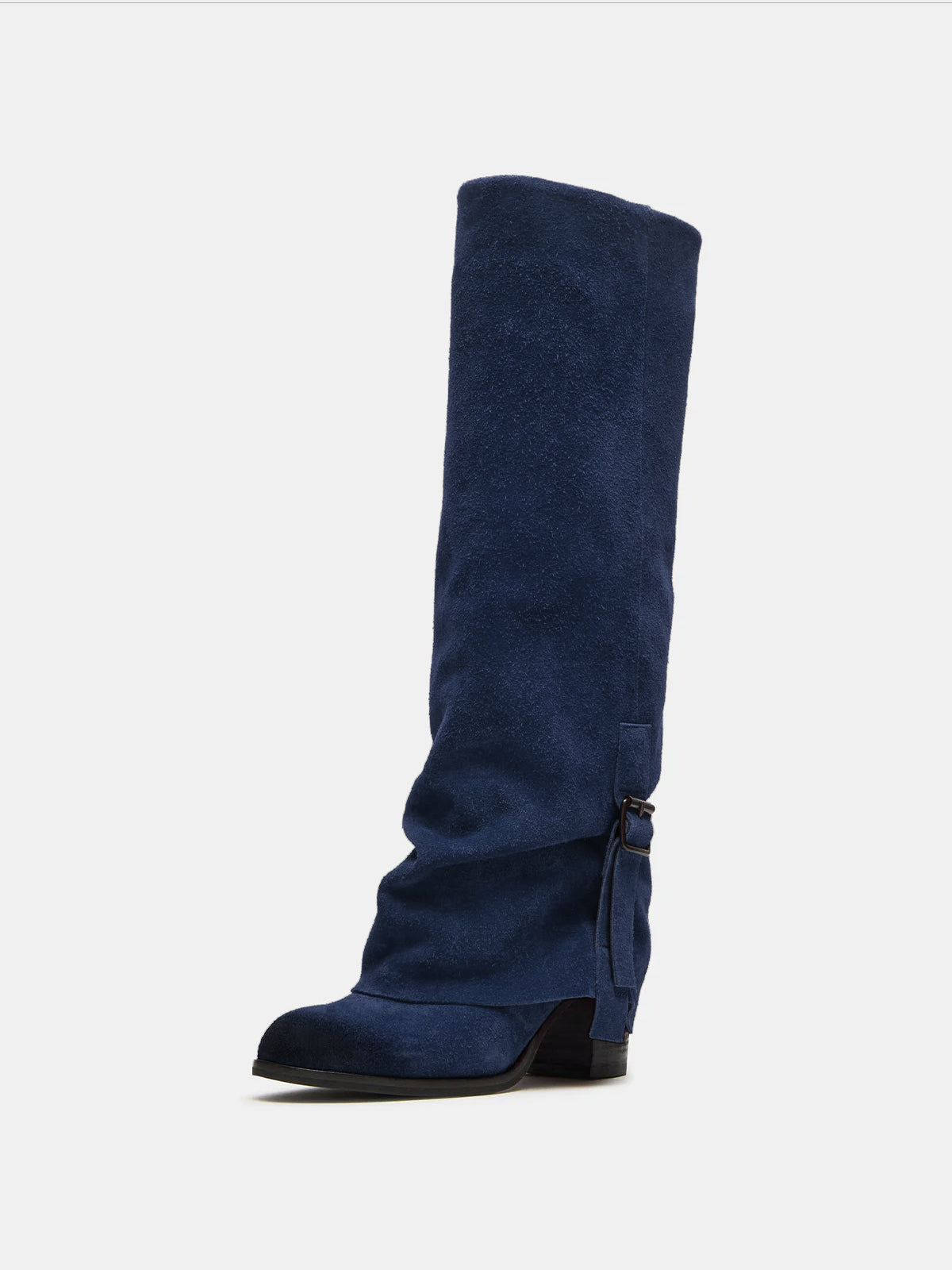Purplish Blue Faux Suede Round-Toe Fold-Over Adjustable Buckle Knee High Cowgirl Boots
