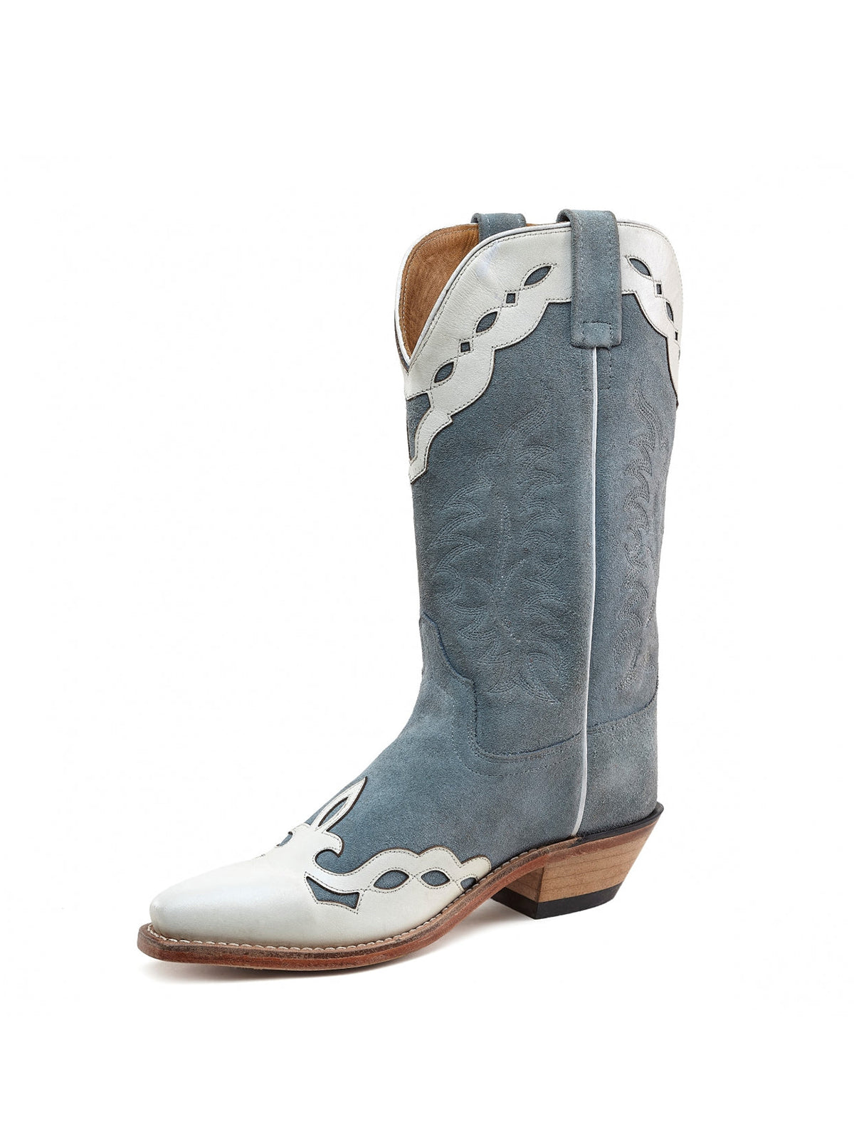 Blue Snip-Toe Faux Suede Classic Embroidery Mid Calf Cowgirl Boots
