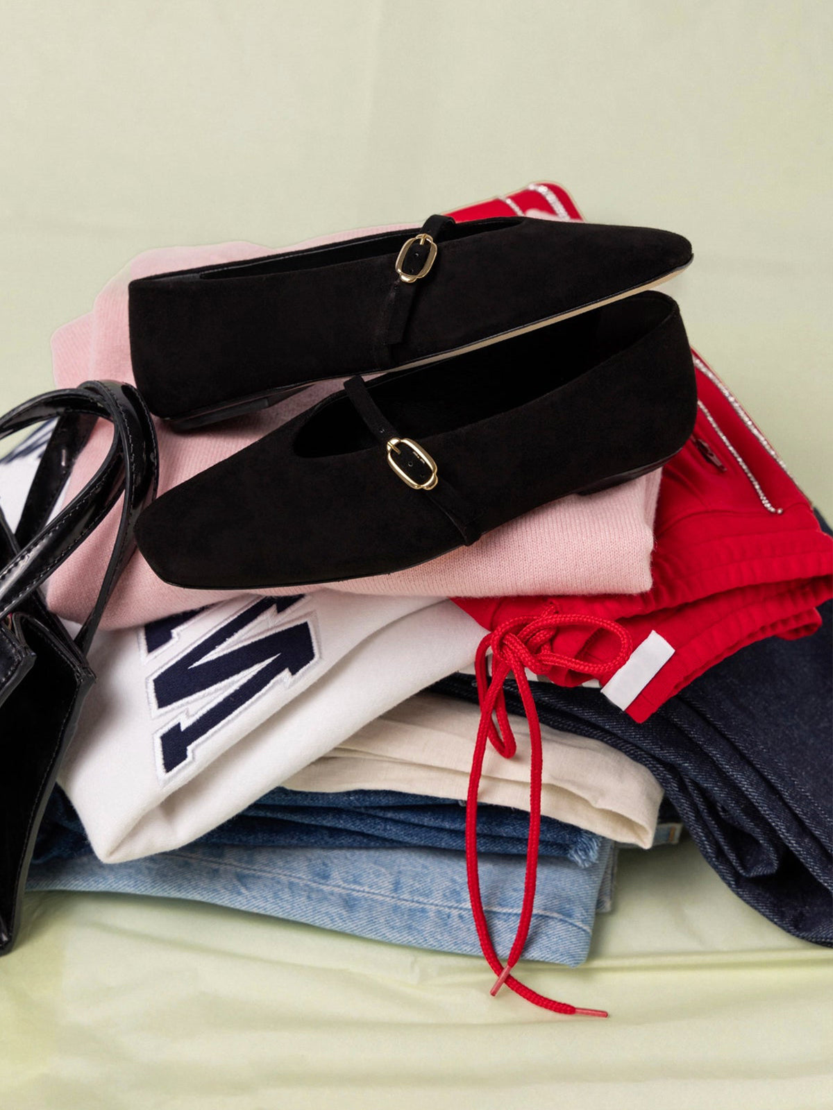 Black Faux Suede Square-Toe Buckle Mary Jane Ballet Classic Flats