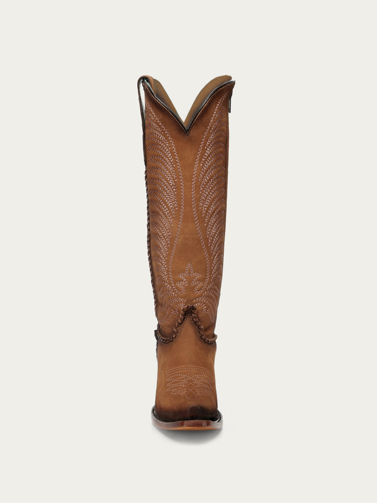Dark Honey Snip-Toe Embroidery Side Woven Detail Full-Zip Knee High Cowgirl Boots