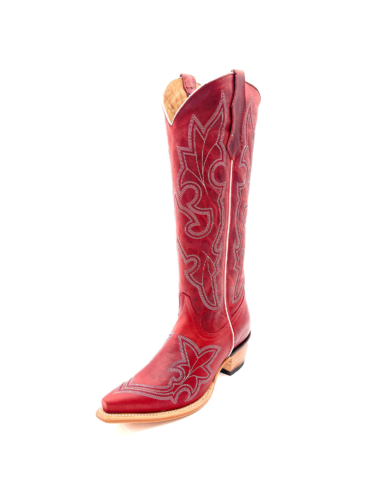 Distressed Red Snip-Toe Classic Embroidery Wide Calf Knee High Cowgirl Boots