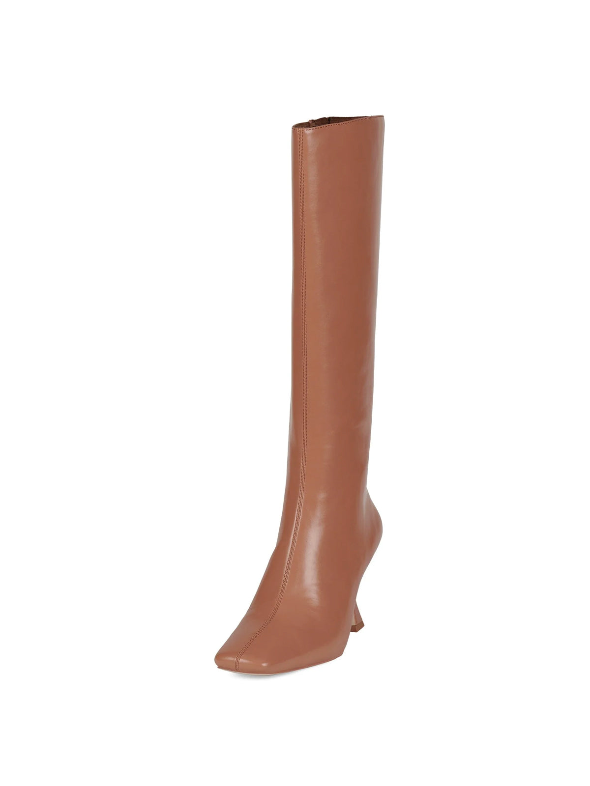 Tan Square-Toe Wide Calf Simple Knee High Stiletto Boots