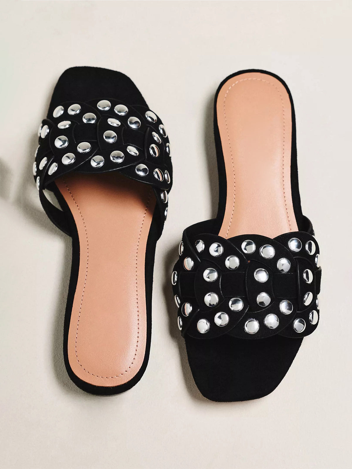 Black Faux Suede Square-Toe Studded Slip-On Sandals Flats