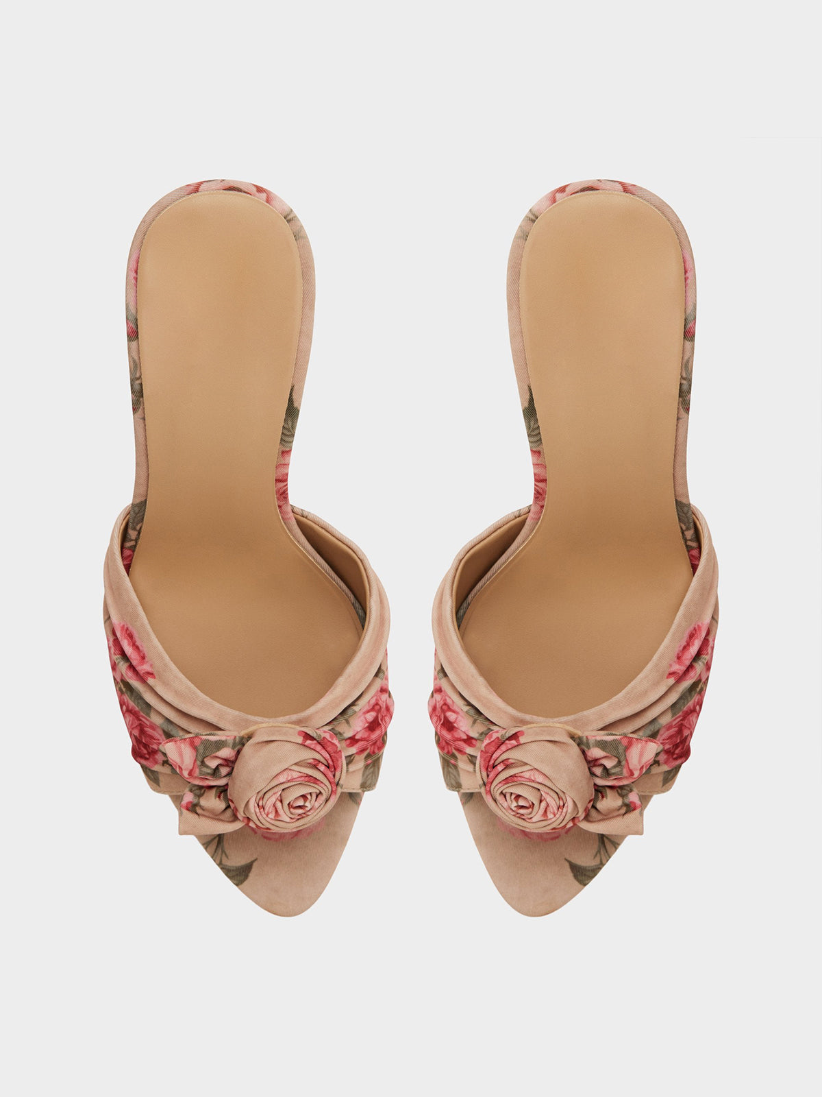 Beige Satin Peep Round-Toe Front Rose Detail Slip-On High Heels