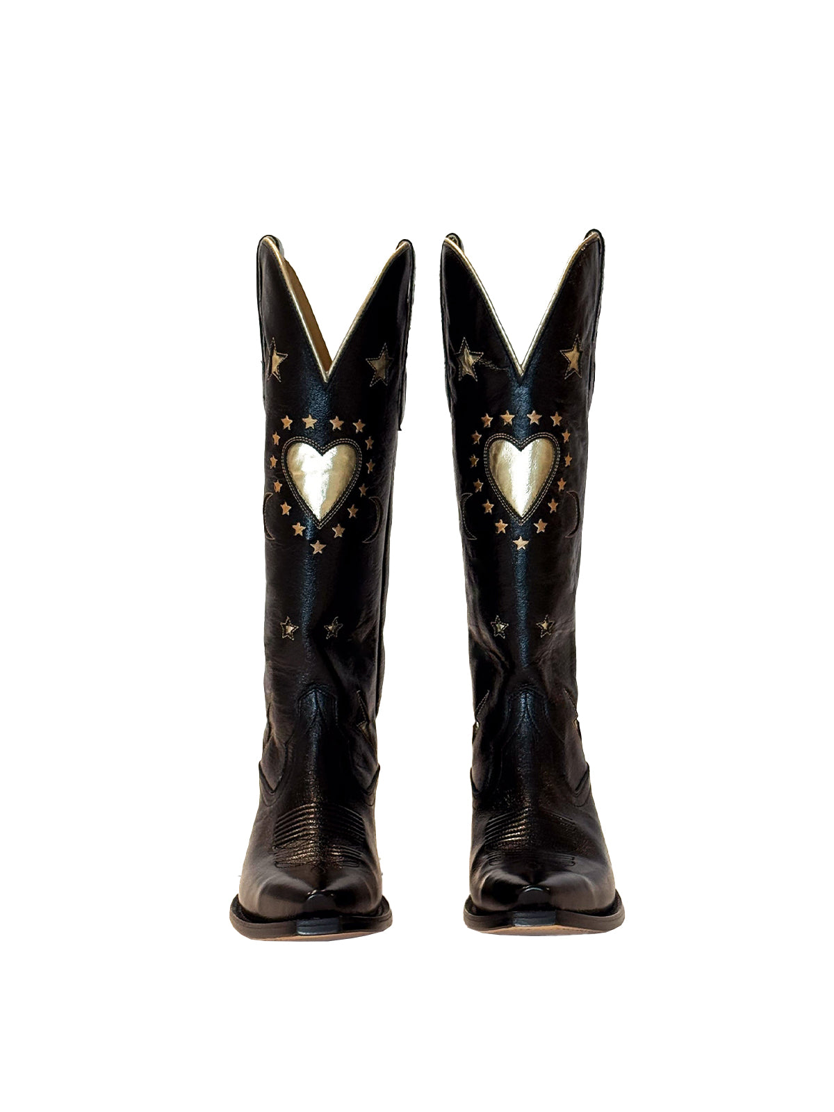 Black Snip-Toe Metallic Stars Heart Moon Inlay Wide Calf Knee High Cowgirl Boots