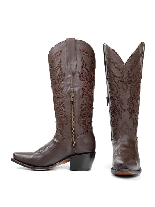 Brown Snip-Toe Chic Embroidery Half-Zip Western Mid Calf Cowgirl Boots