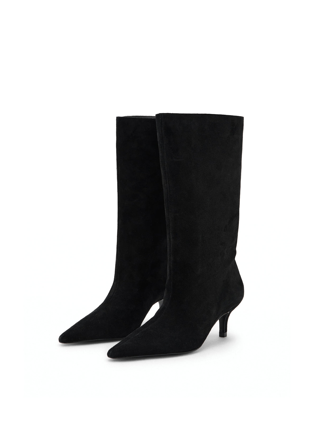 Black Faux Suede Pointed-Toe Slip-On Mid Calf Stiletto Boots
