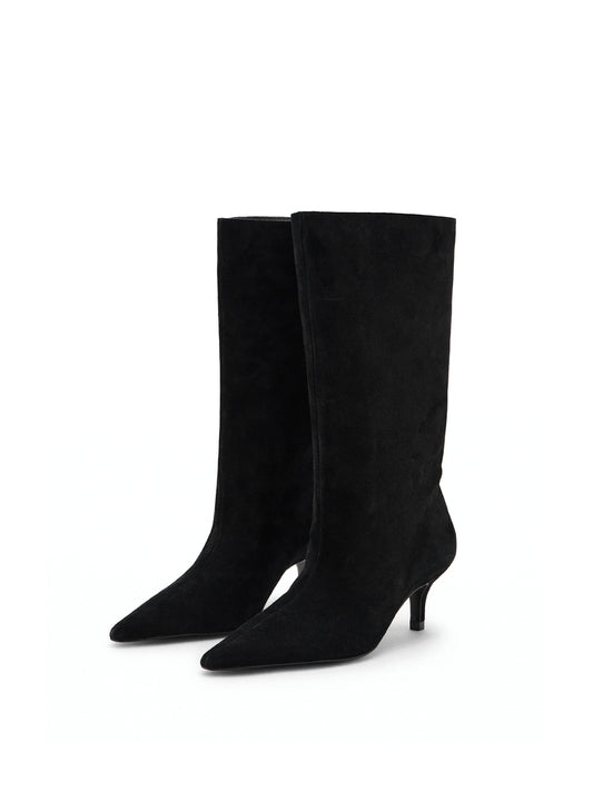 Black Faux Suede Pointed-Toe Slip-On Mid Calf Stiletto Boots