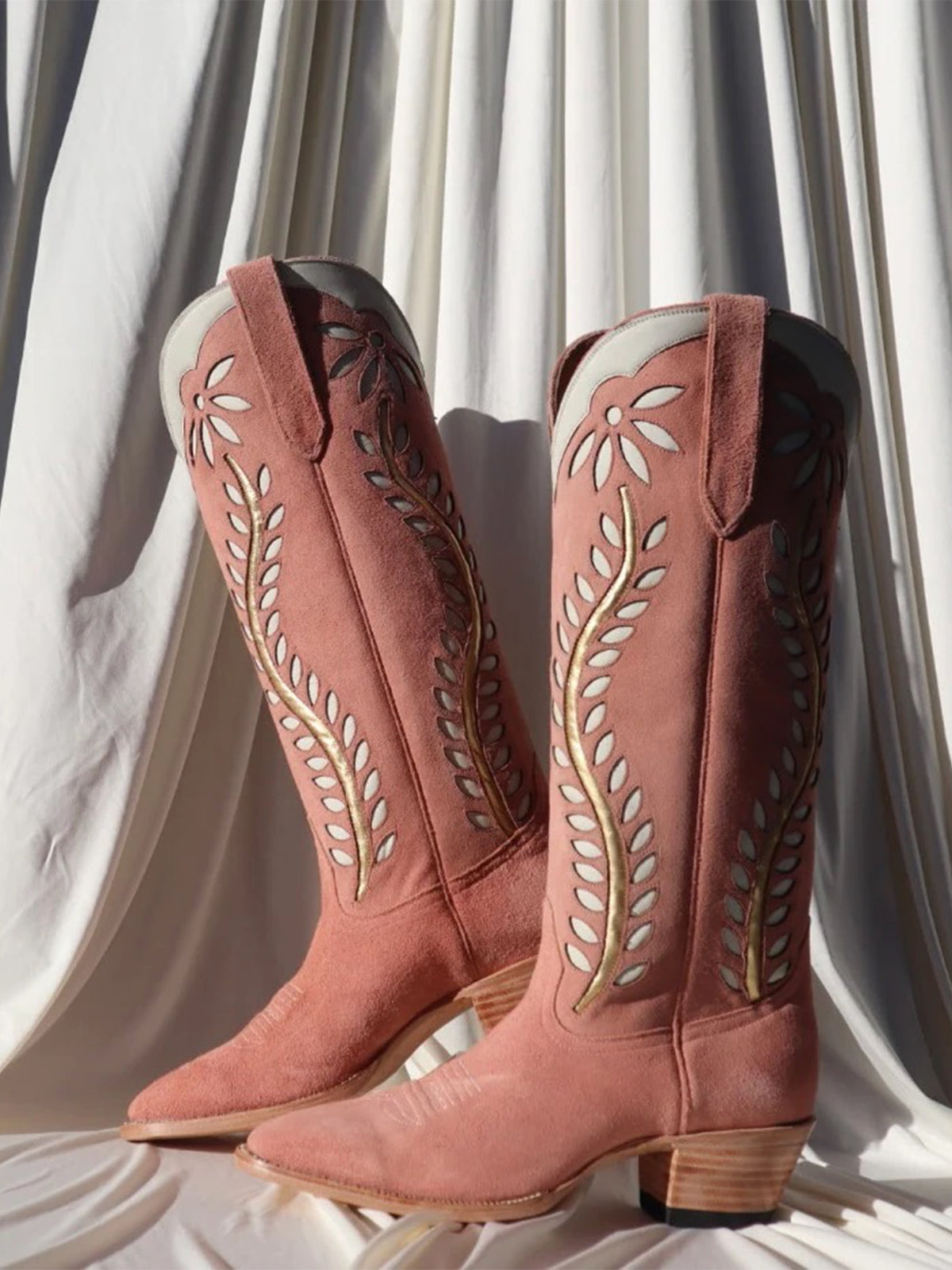 Light Brown Faux Suede Round-Toe Leaves Inlay Wide Calf Knee High Cowgirl Boots