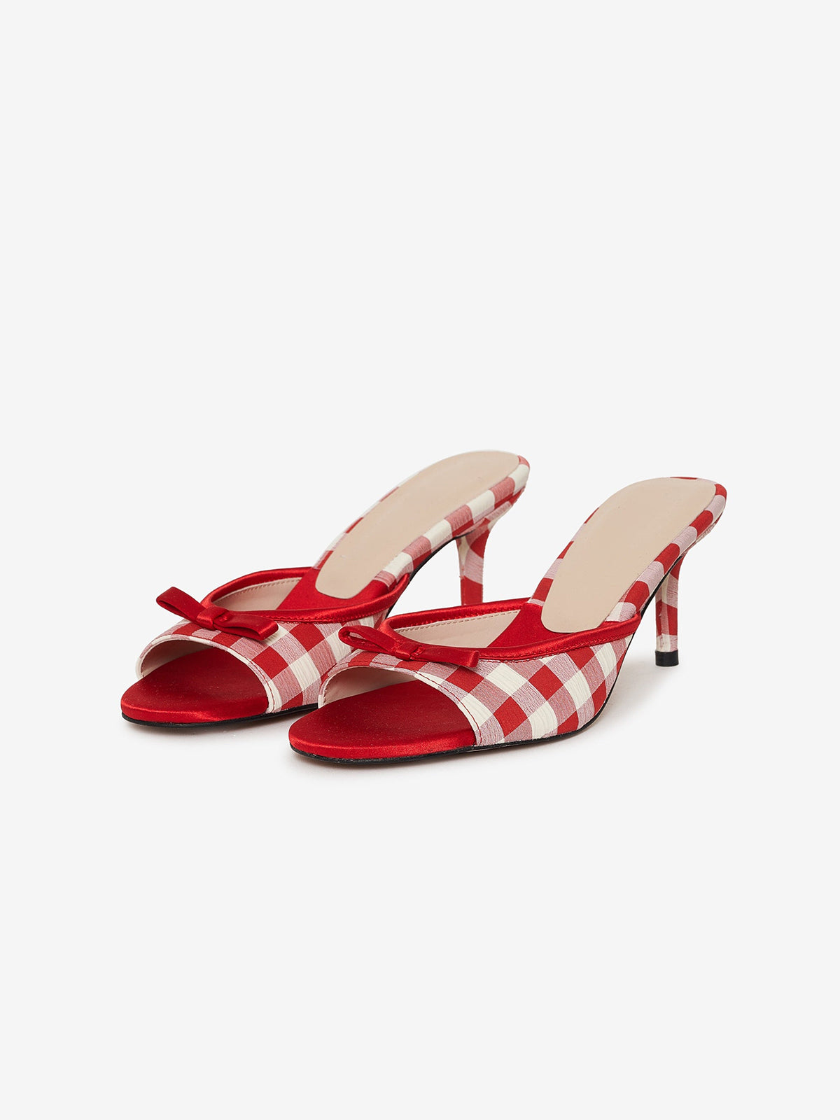 Red Satin And Gingham Round-Toe Bow Kitten Heels