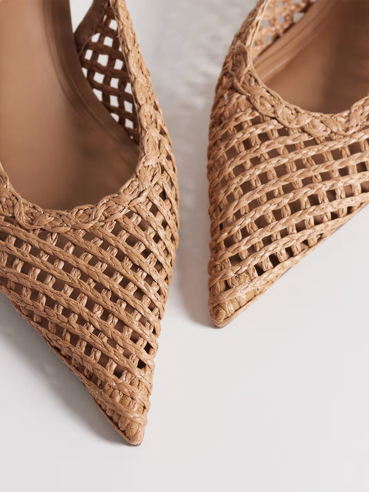 Tan Rope Weaving Pointed-Toe Classic Back Strap Kitten Heels