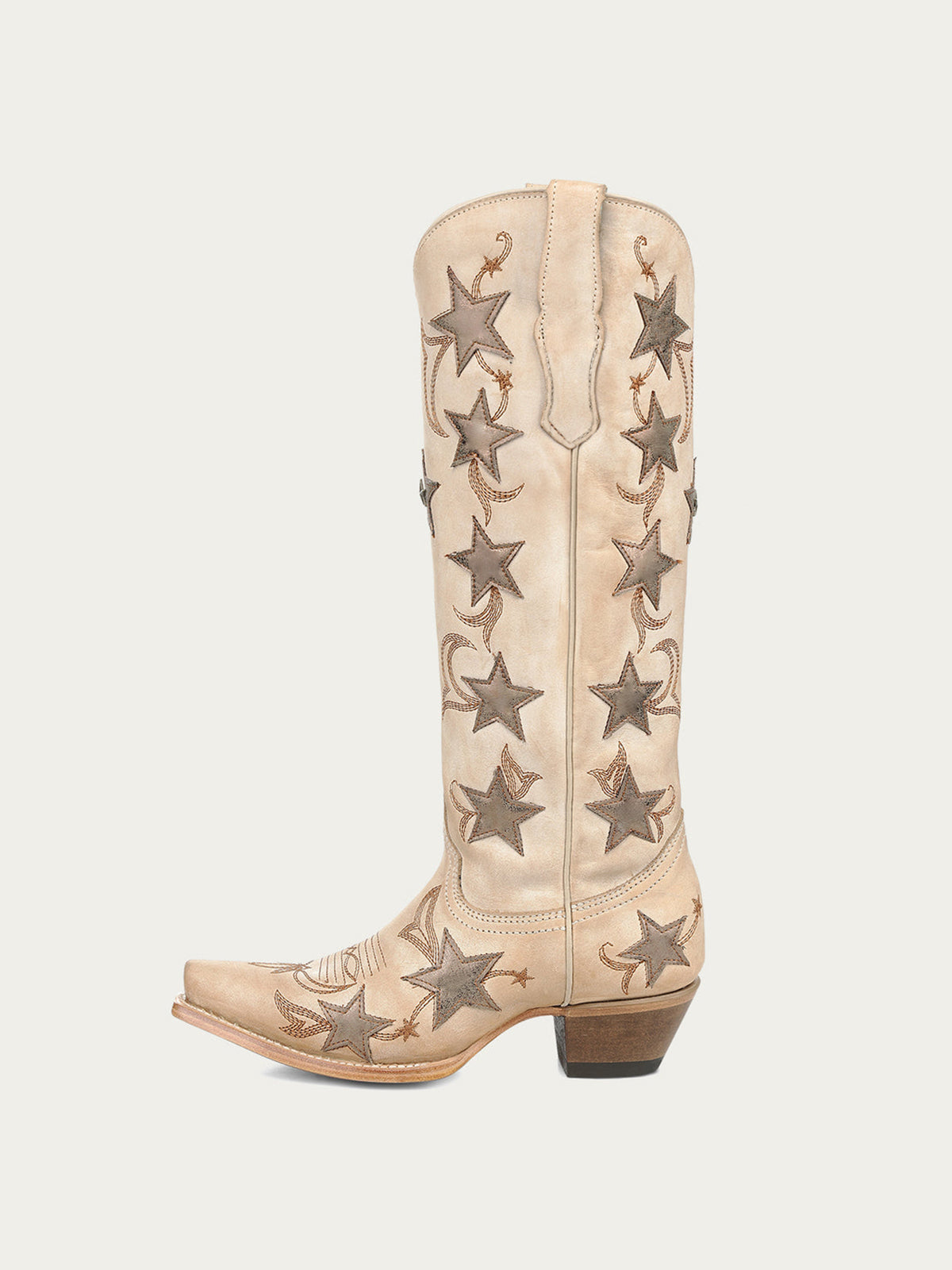Dark Bone Snip-Toe Chic Star Inlay With Embroidery Wide Calf Knee High Cowgirl Boots