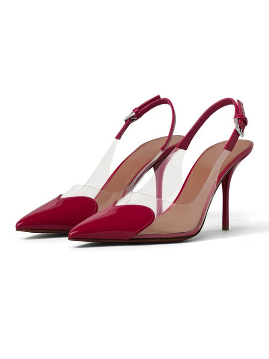 Patent Red And TPU Transparent Film Pointed-Toe Slingback High Heels