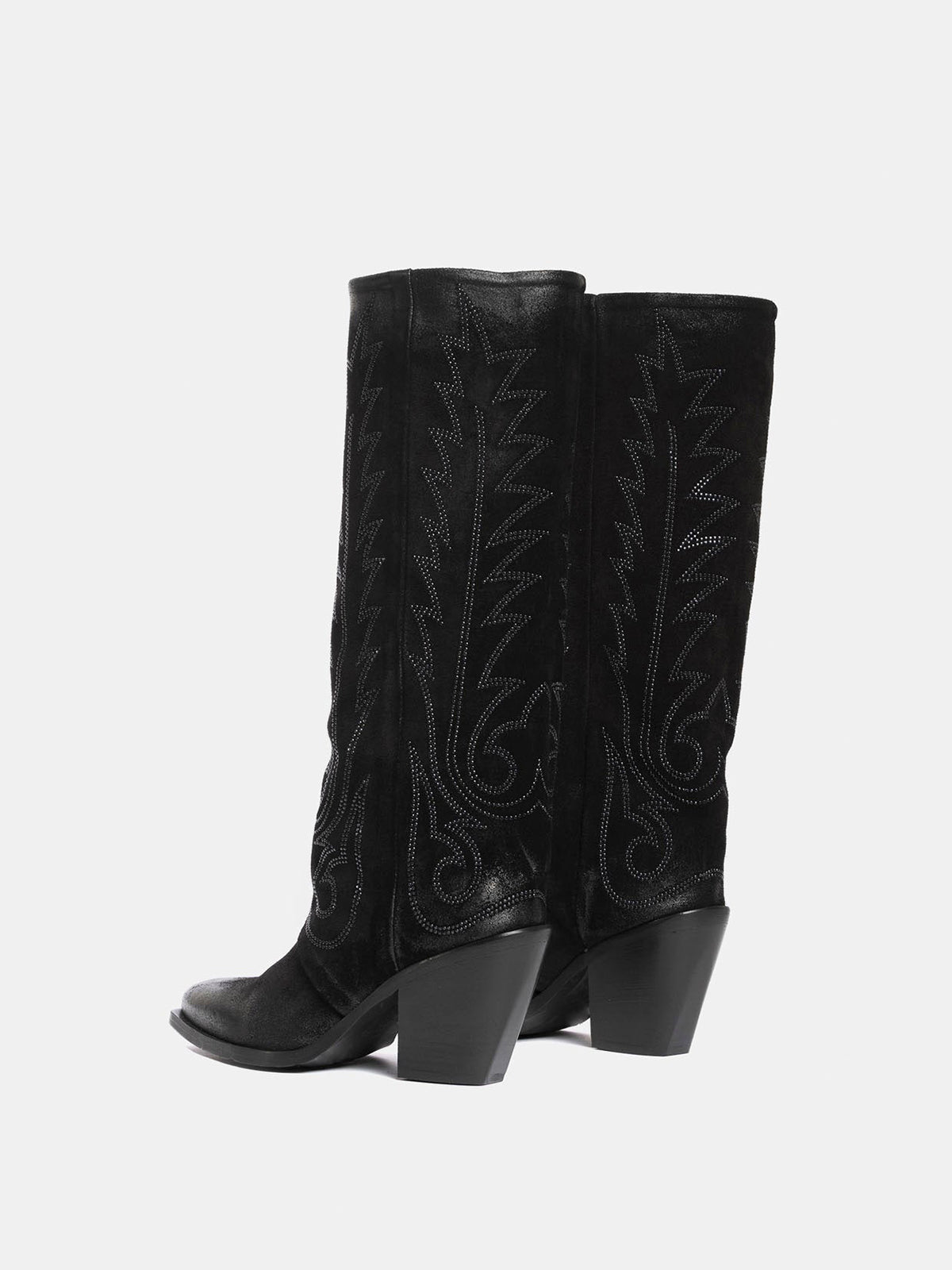 Black Snip-Toe Faux Suede Classic Embroidery Mid Calf Cowgirl Boots