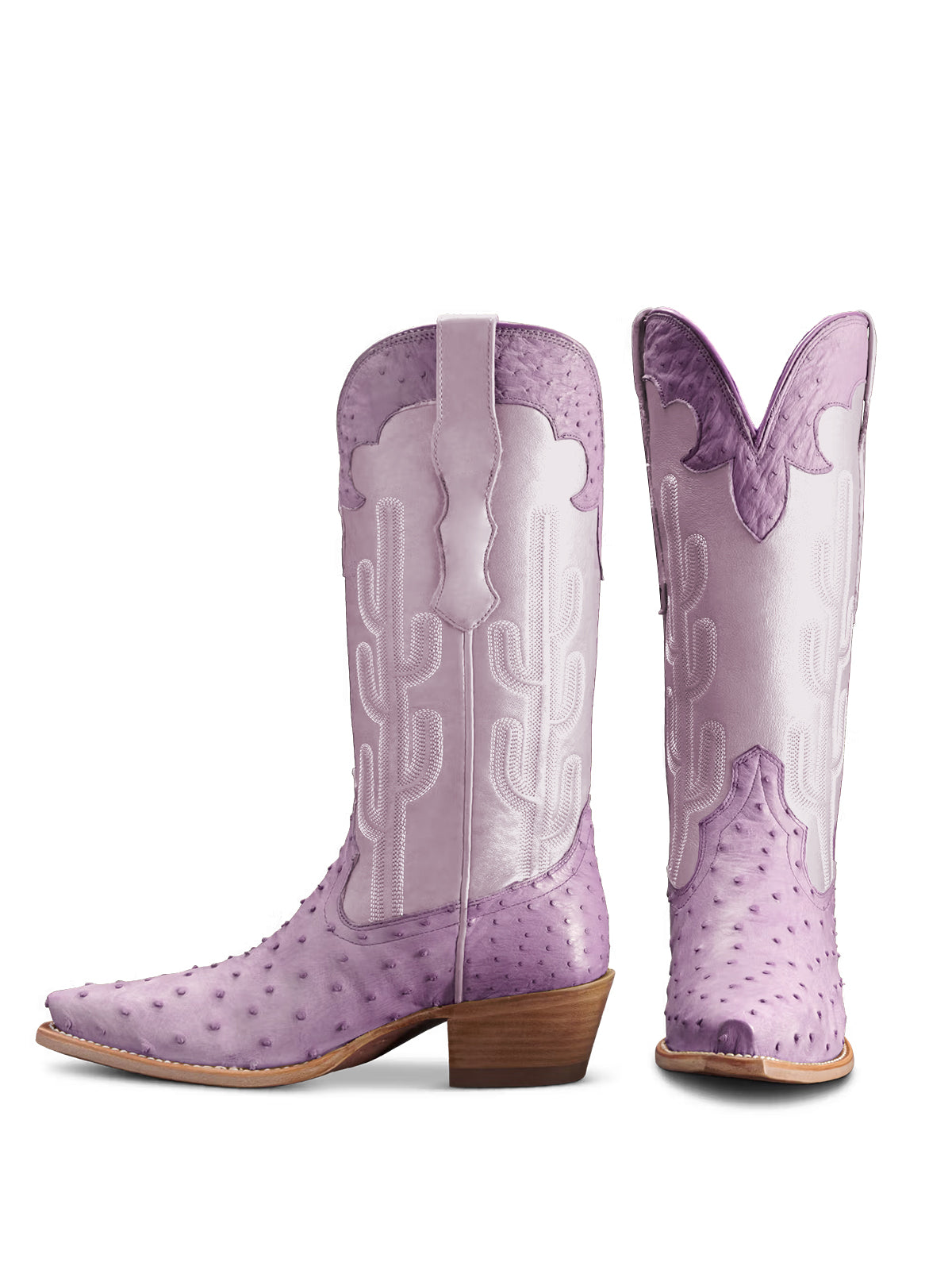 Contrast Purple And Ostrich Print Snip-Toe Cactus Embroidery Mid Calf Cowgirl Boots