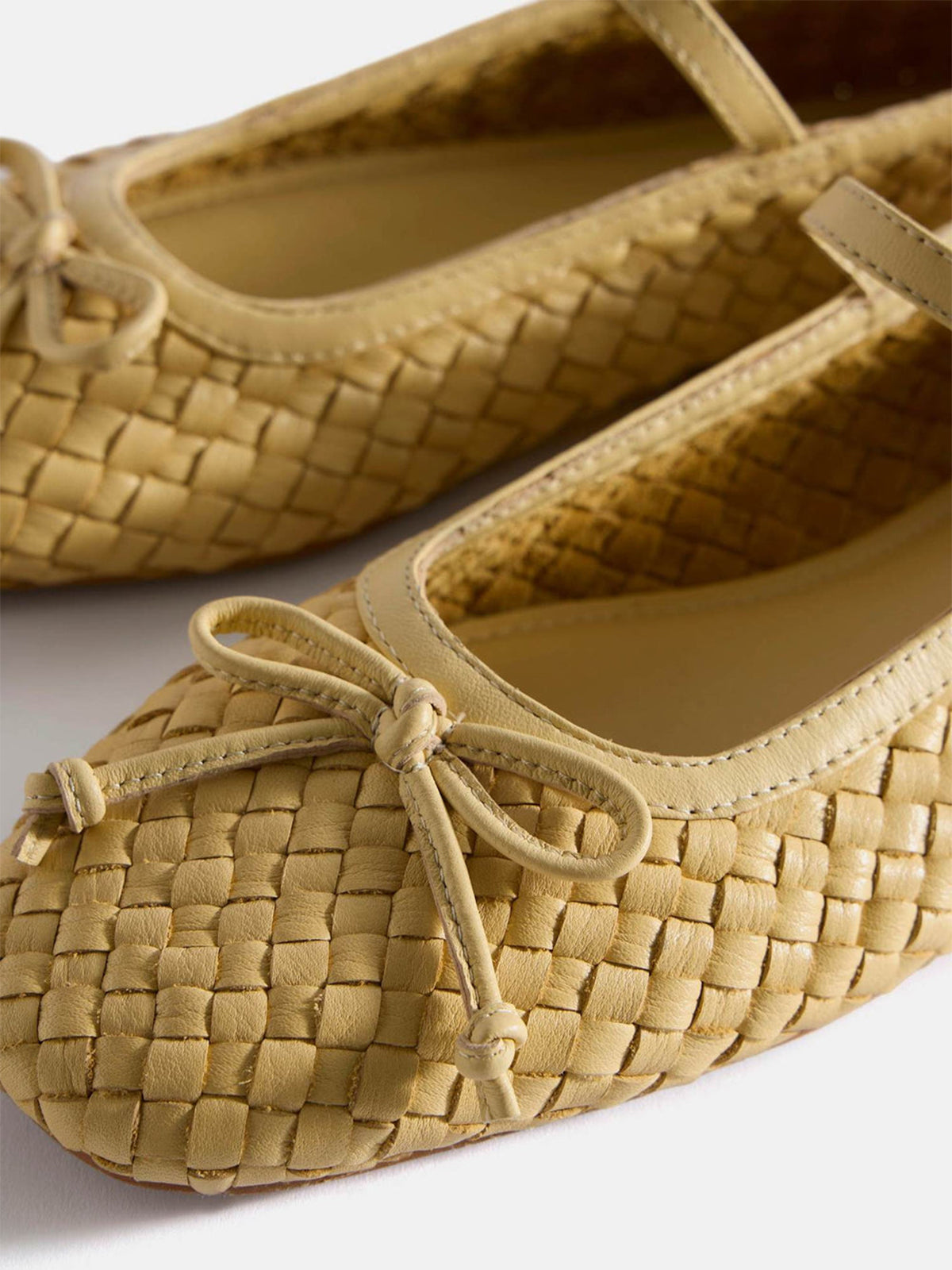 Yellow Woven Vegan Leather Square-Toe Front Bow And Mary Jane Flats