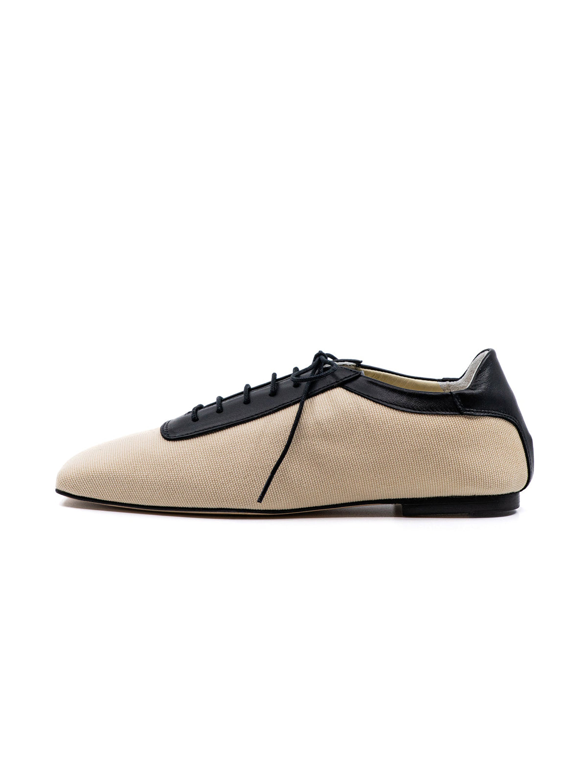 Beige Canvas And Black Vegan Leather Square-Toe Lace-Up Flats