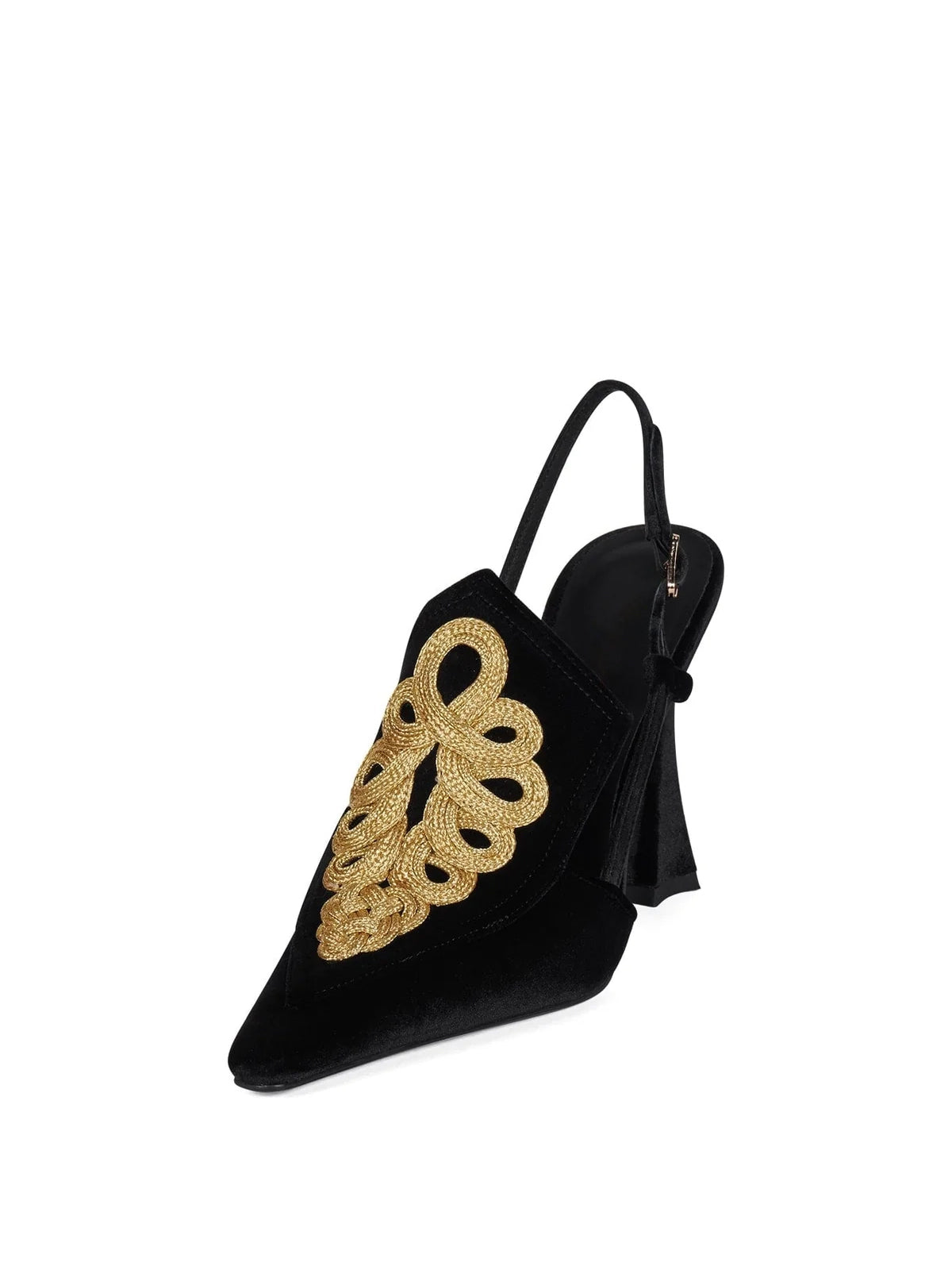 Black Velvet Pointed-Toe Gold Embroidery Slingback High Heels Pumps