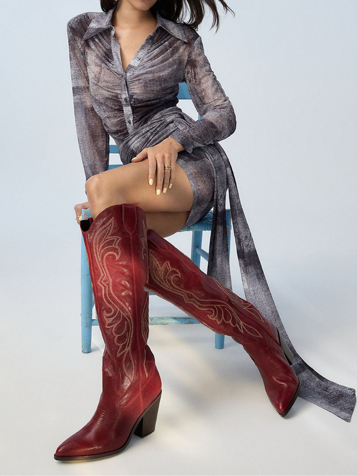 Red Pointed-Toe Embroidery Classic Half-Zip Knee High Cowgirl Boots