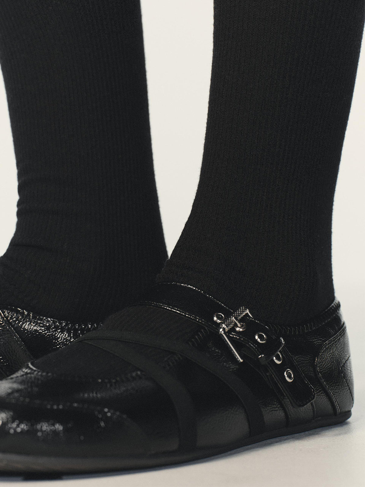 Patent Black Round-Toe Crossed Straps And Buckle Mary Jane Ballet Flats