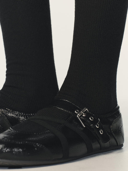 Patent Black Round-Toe Crossed Straps And Buckle Mary Jane Ballet Flats