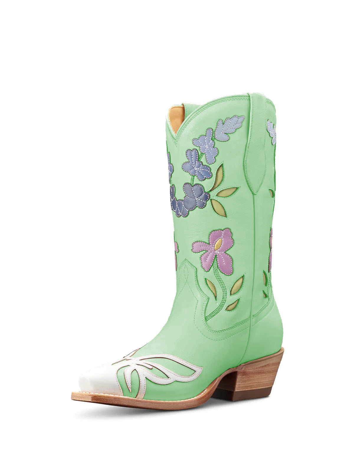 Light Green Snip-Toe Flower Applique Mid Calf Pull On Cowgirl Boots
