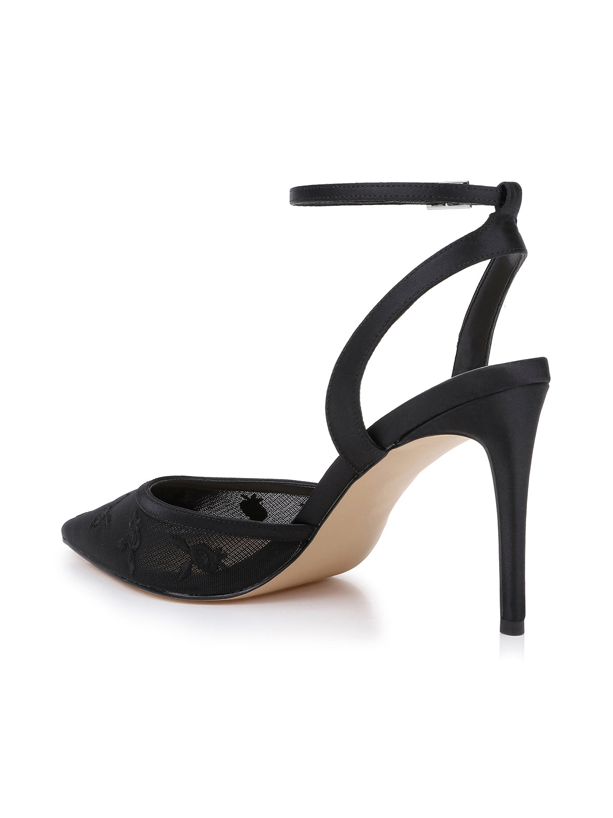 Black Mesh And Satin Pointed-Toe Back And Ankle Strap Chic High Heels