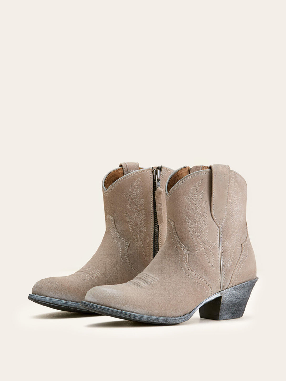 Gray Faux Suede Almond-Toe Embroidery Full-Zip Short Mid Calf Cowgirl Boots