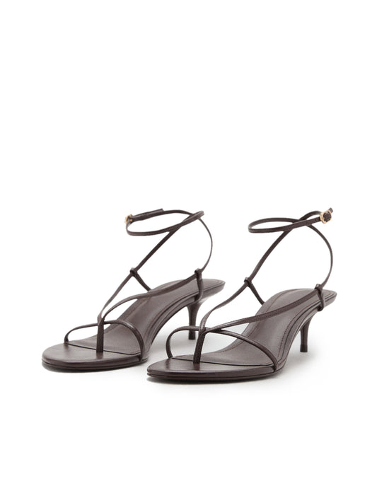 Chocolate Round-Toe Thin Strap And Ankle Strap Kitten Heels