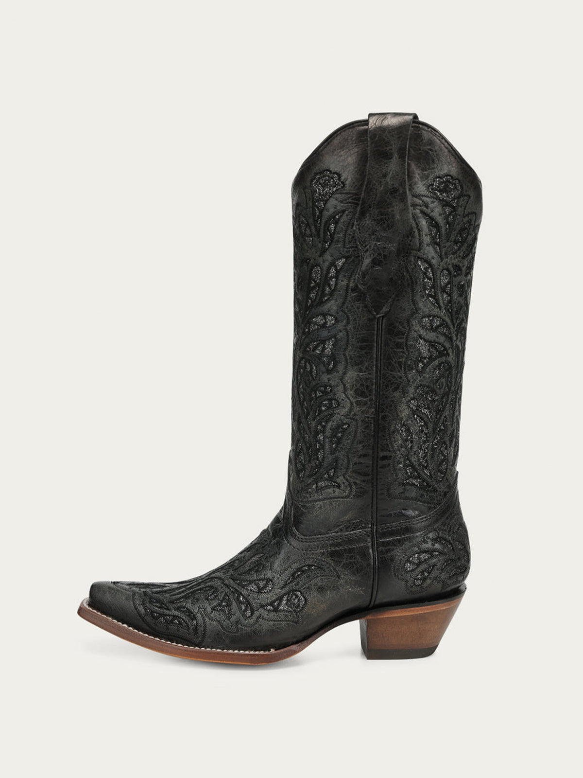 Distressed Black Snip-Toe Glitter Inlay And Embroidery Mid Calf Cowgirl Boots
