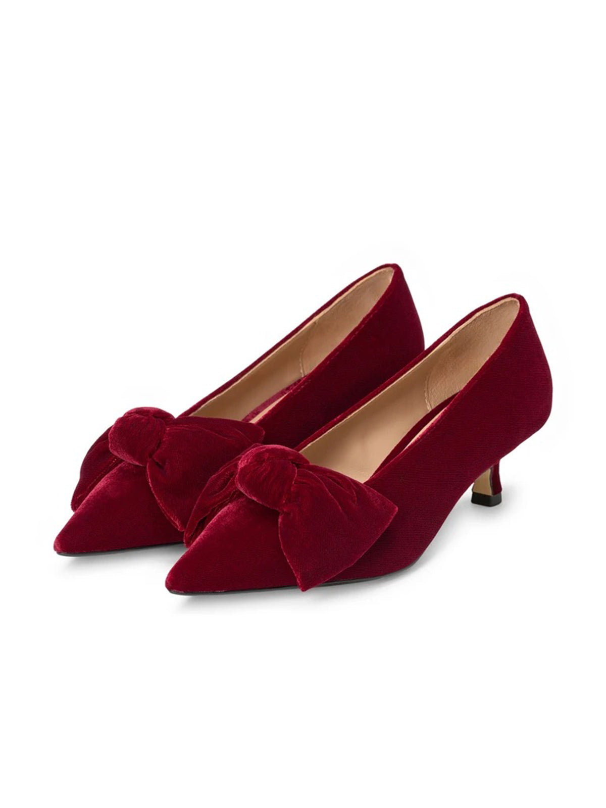 Dark Red Velvet Pointed-Toe Front Oversized Bow Slip-On Kitten Heels