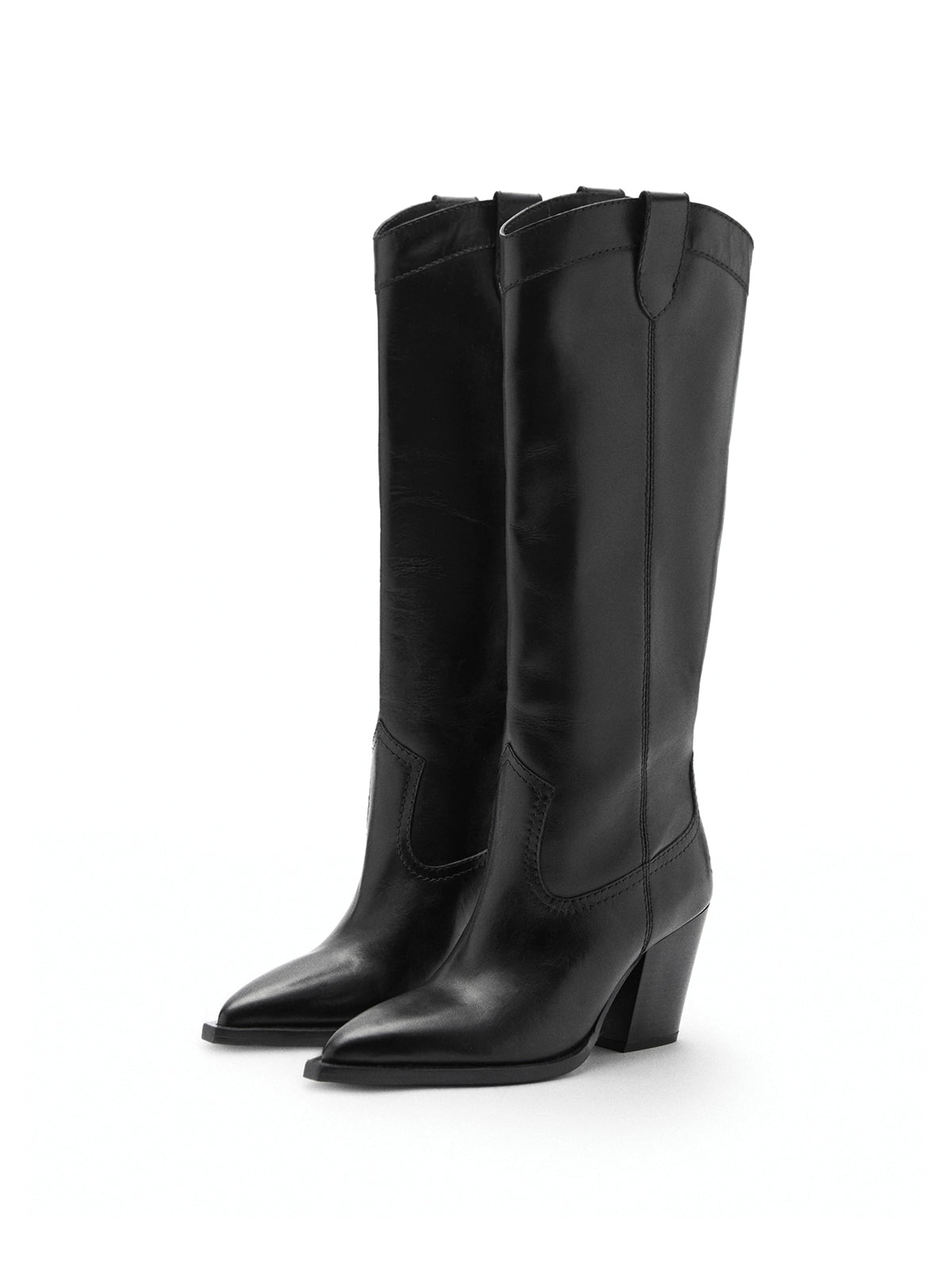 Black Pointed-Toe Knee High Simple Wide Calf Cowgirl Boots
