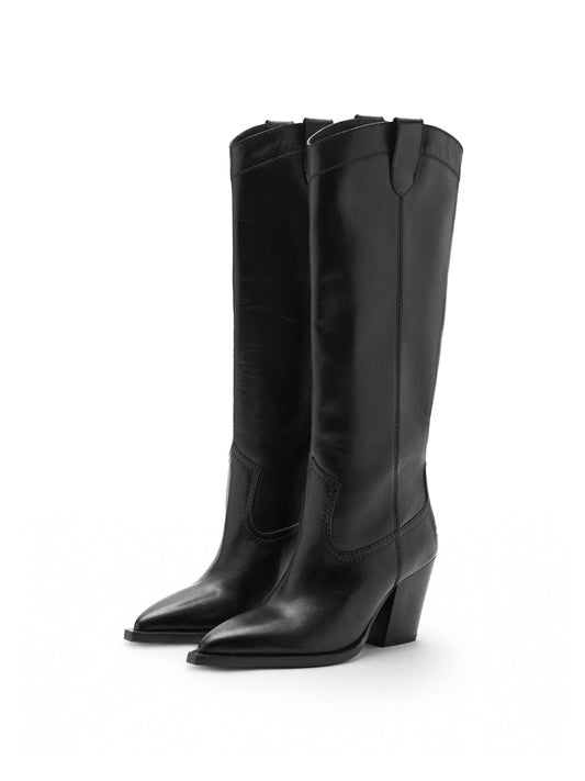 Black Pointed-Toe Knee High Simple Wide Calf Cowgirl Boots