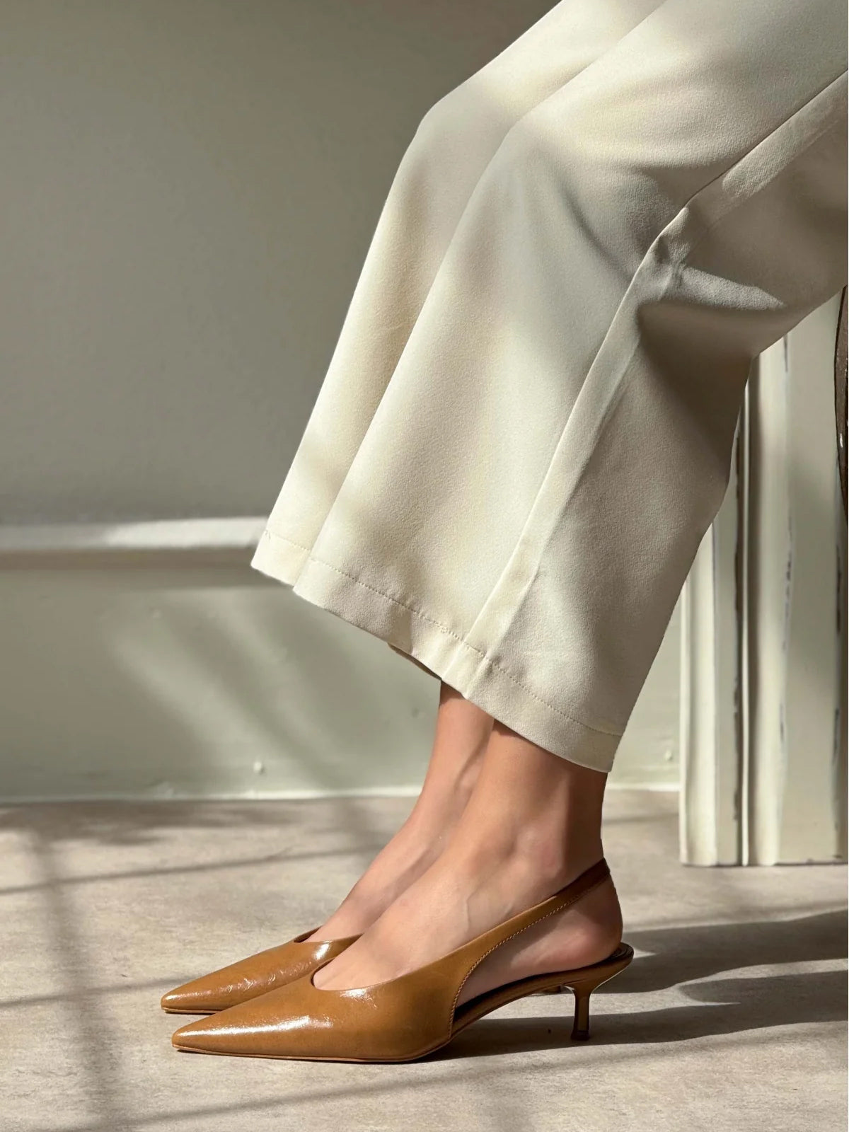 Slingback Pointed-Toe Kitten Heels - Tan