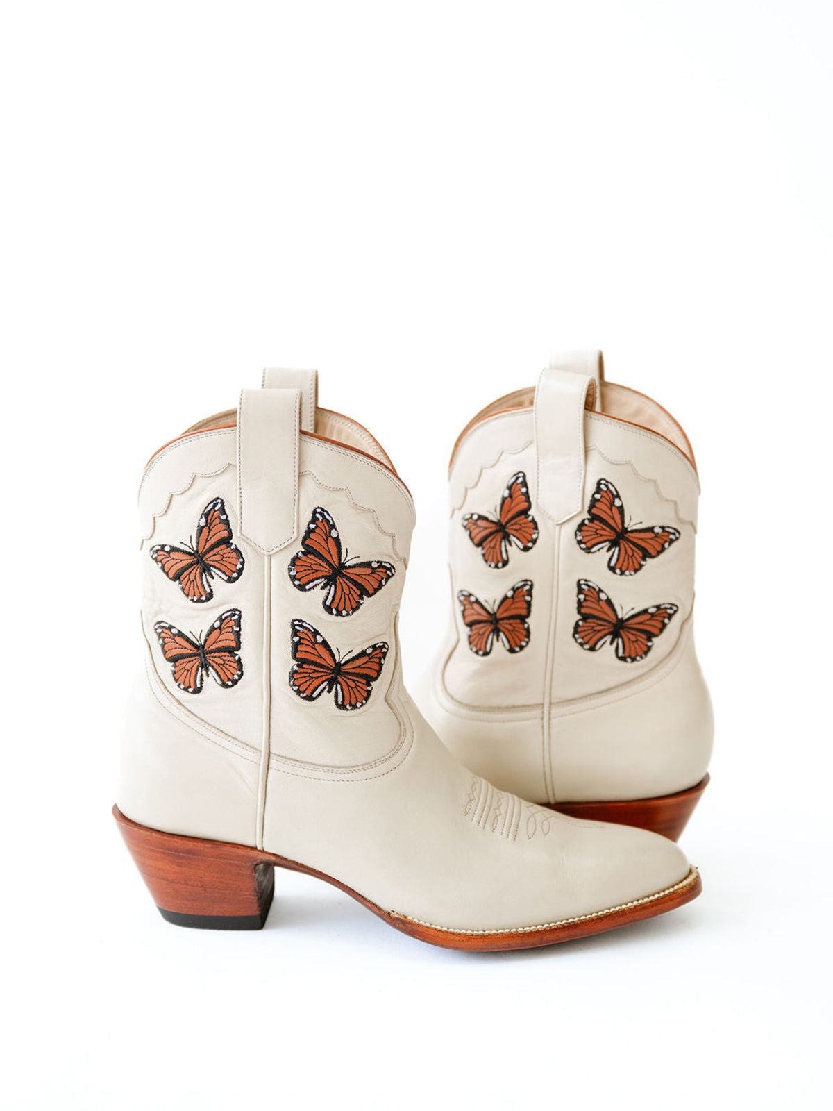 Bone Round-Toe Butterfly Embroidery Ankle Chic Cowgirl Boots