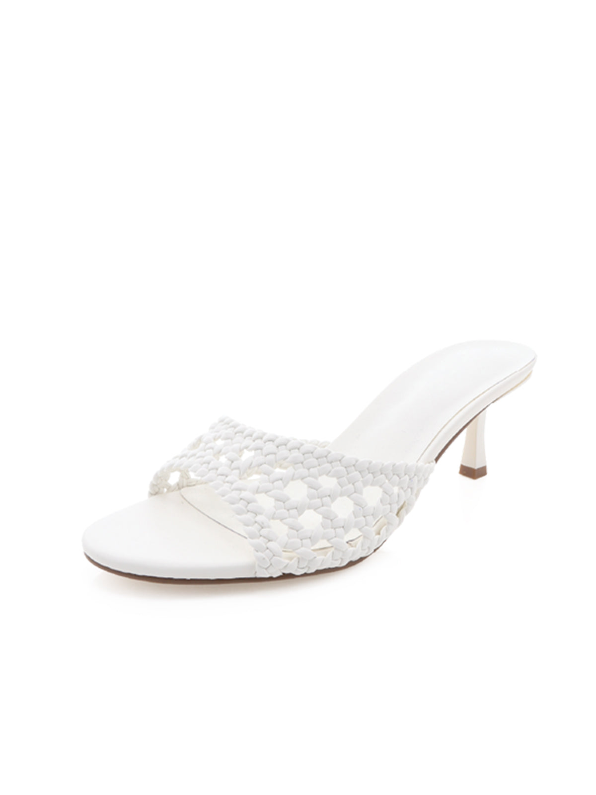 White Vegan Leather Woven Open Round-Toe Slip-On Kitten Heels