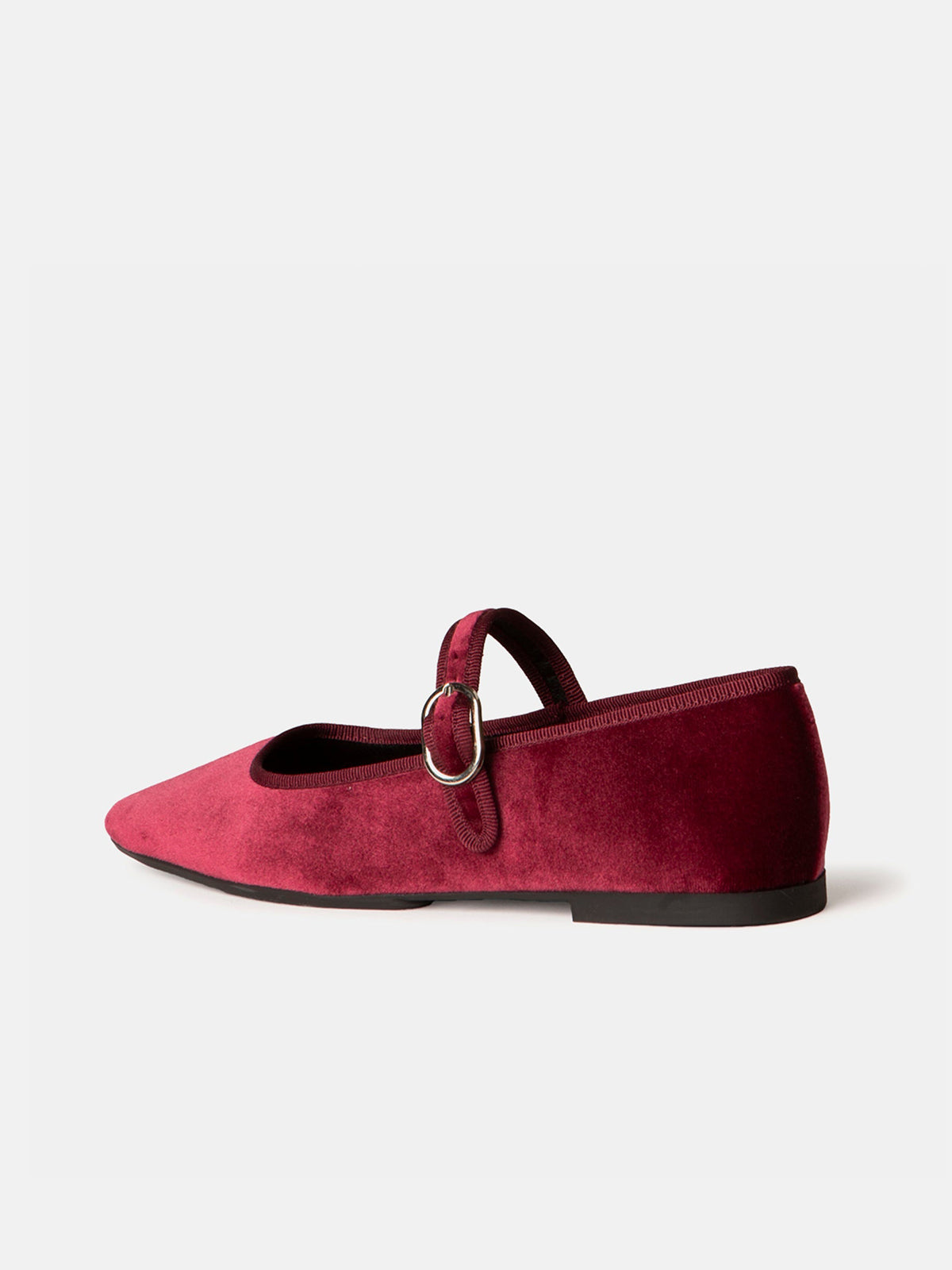 Wine Red Velvet Square-Toe Classic Bridge Strap Ballet Flats