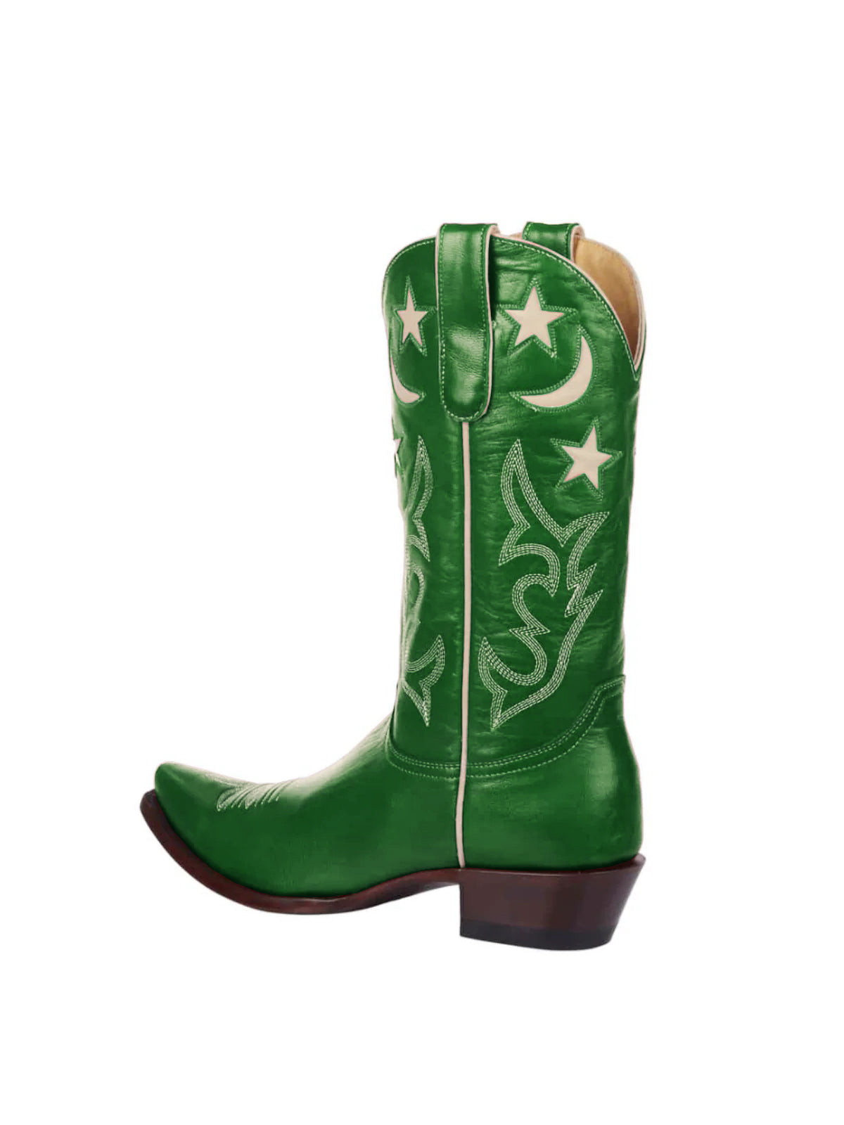 Green Snip-Toe Moon And Star Inlay Embroidery Mid Calf Cowgirl Boots
