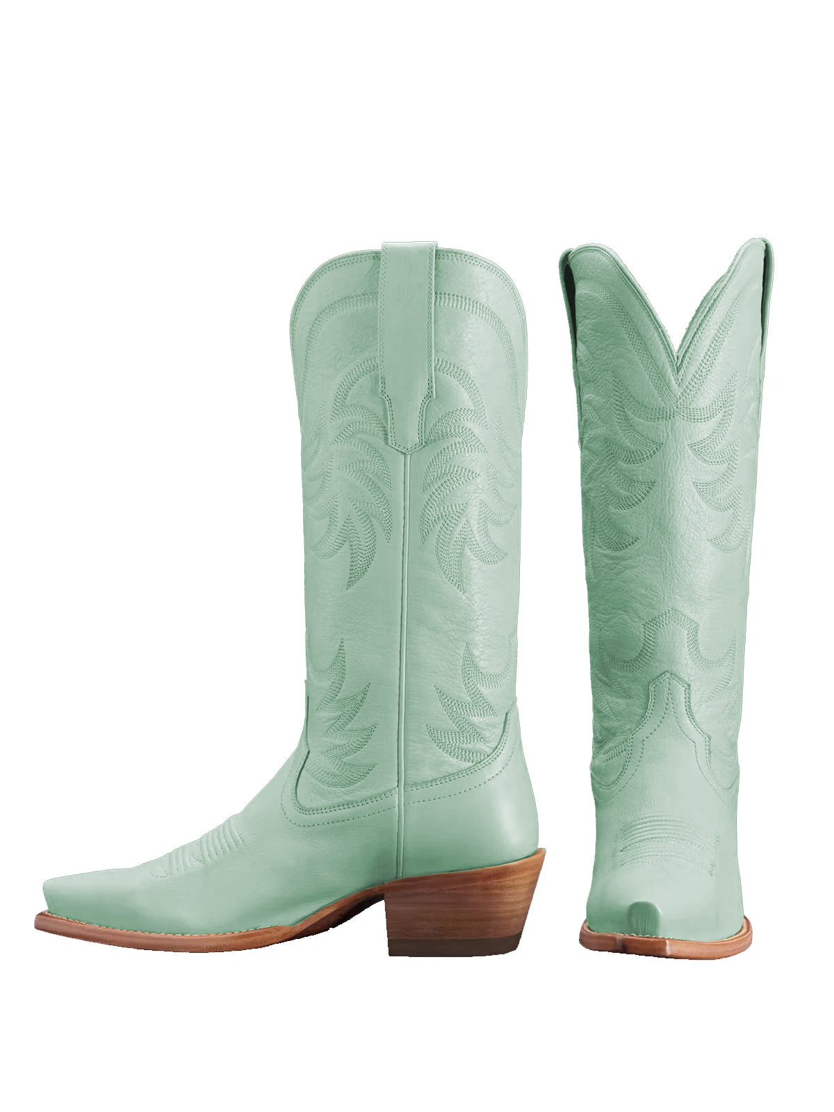Mint Green Snip-Toe Embroidery Wide Calf Knee High Cowgirl Boots