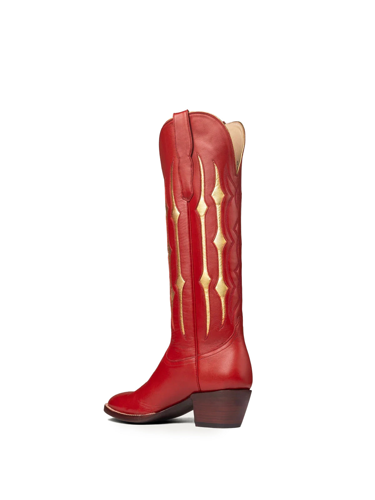 Red Contrast Metallic Gold Inlay Stitch Almond-Toe Wide Knee High Western Cowgirl Boots