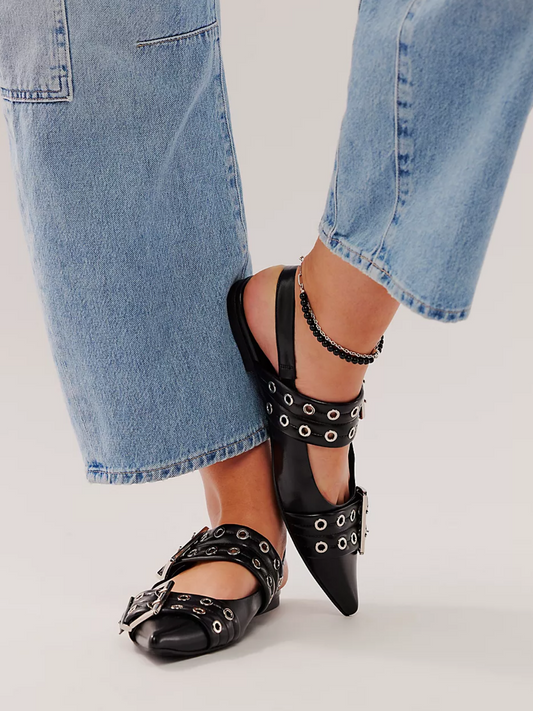 Black Grommet Eyelet Buckle Strappy Pointy Flats Mary Janes Slingbacks