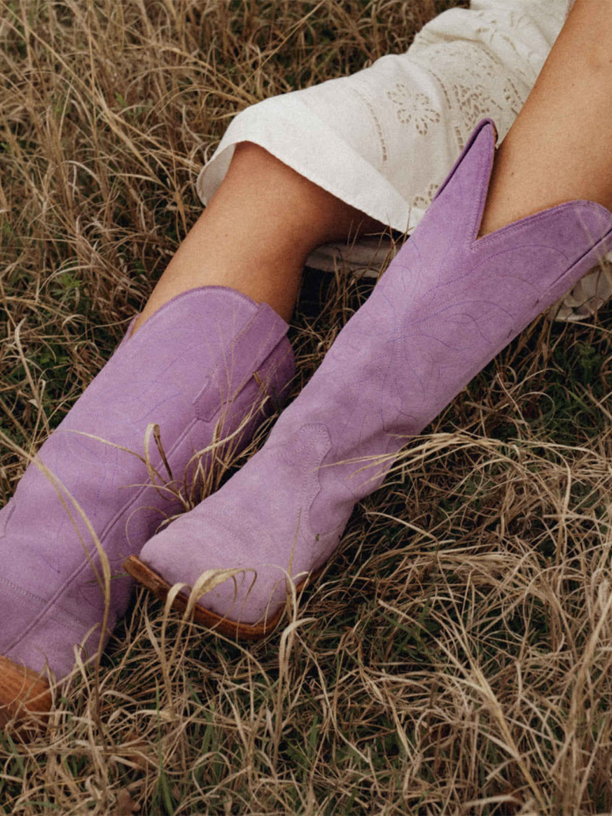 Lavender Faux Suede Snip-Toe Stitch Classic Wide Calf Knee High Cowgirl Boots