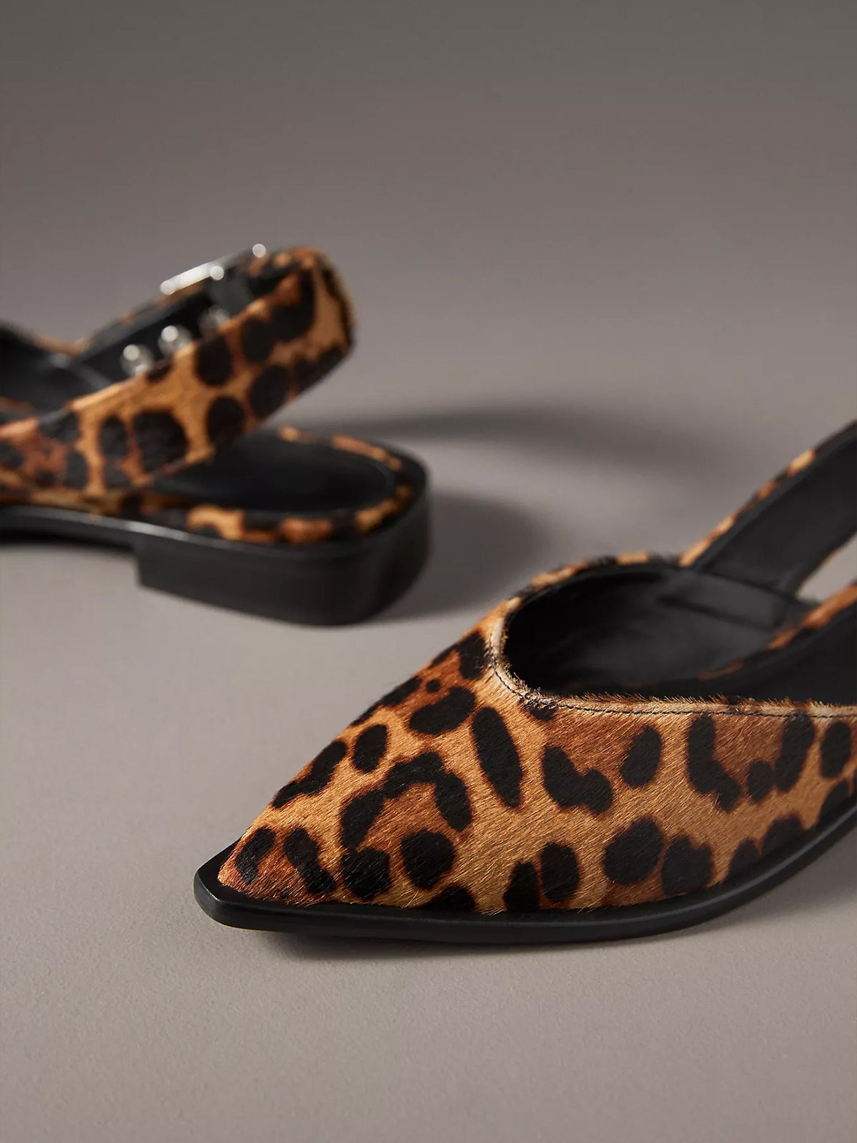 Leopard Pointed-Toe Buckle Slingback Flats
