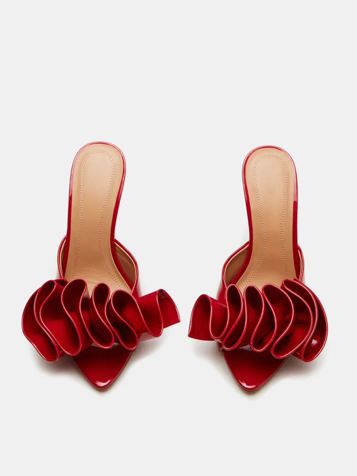 Pointed-Toe Slip-On Ruffle High Heels - Patent Red
